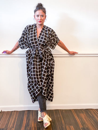 Print High Low Kimono Black Windowpane Rayon Challis