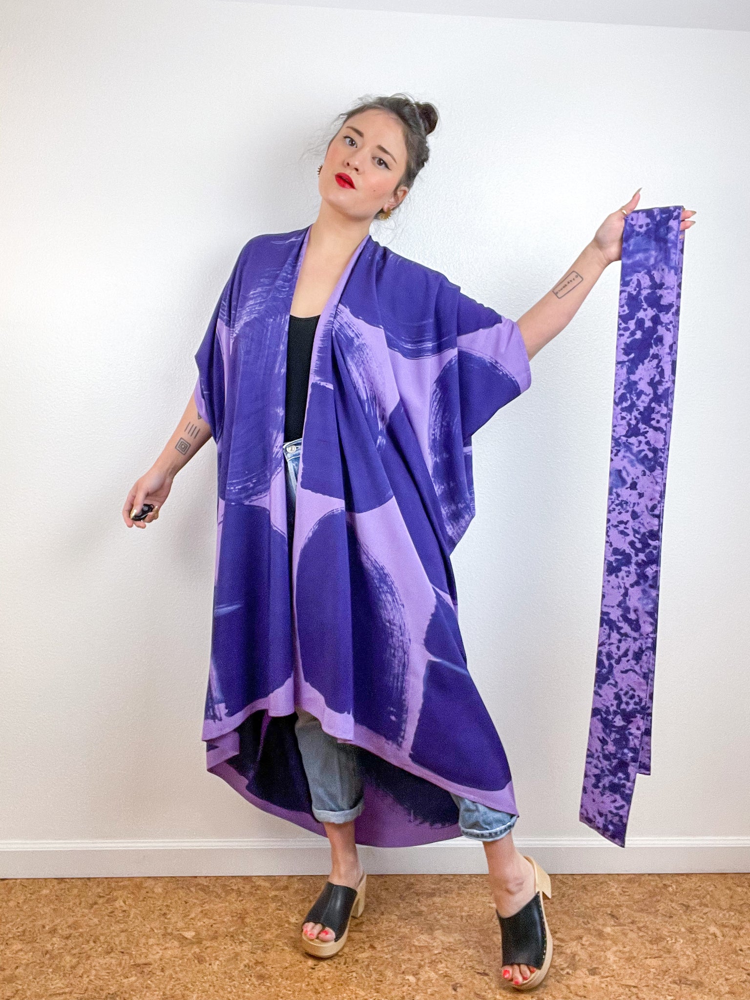 Hand-Dyed High Low Kimono Lilac Navy Brushstroke