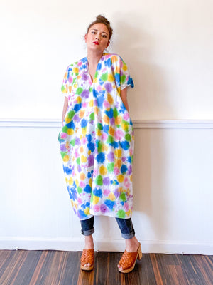 Hand-Dyed Linen Smock Dress Rainbow Dots