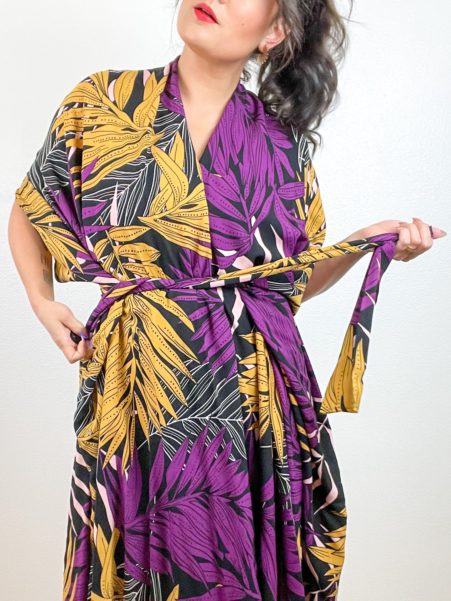 Print High Low Kimono Purple Palms Challis