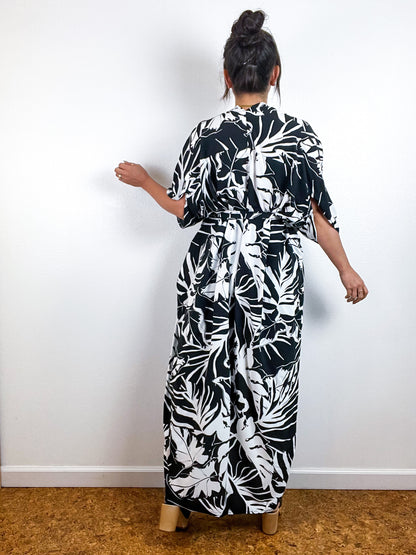 High Low Kimono Black White Large Leaves Challis