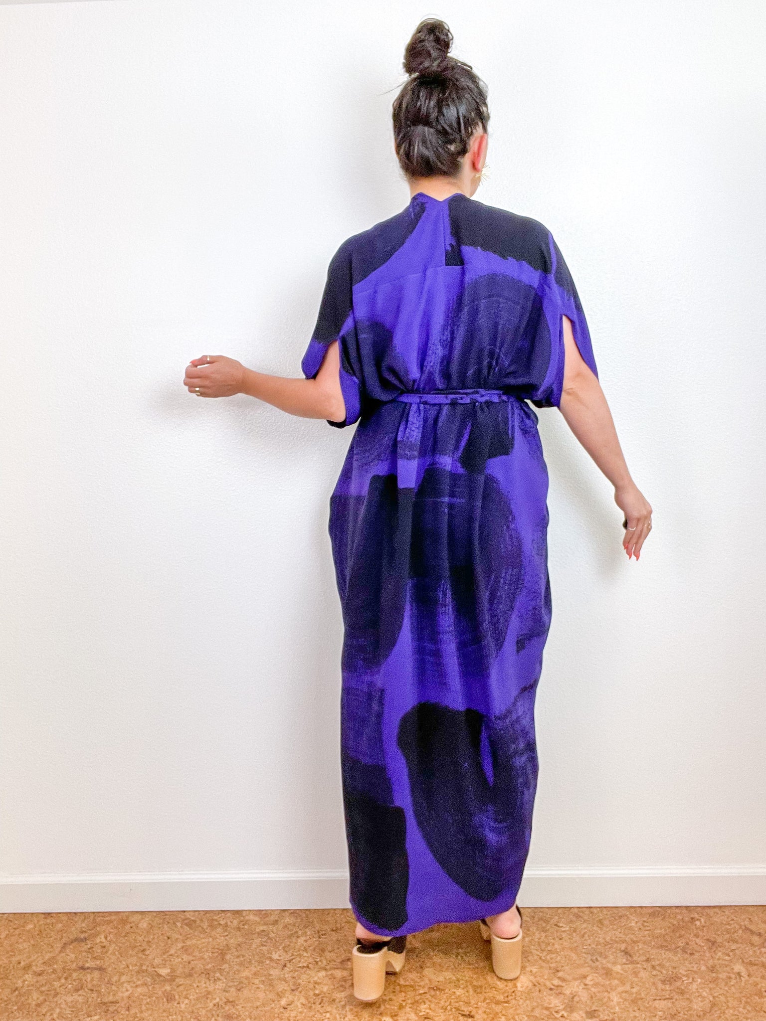 Hand-Dyed High Low Kimono Purple Black Brushstroke