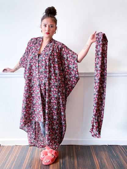 Print High Low Kimono Navy Fuchsia Green Floral Crepe de Chine