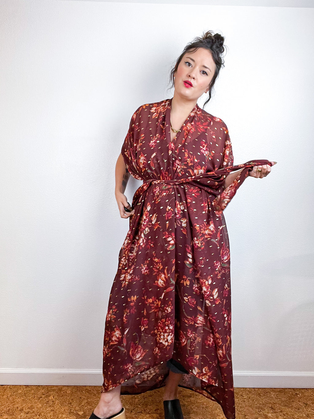 Print High Low Kimono Maroon Gold Floral Crinkle Chiffon