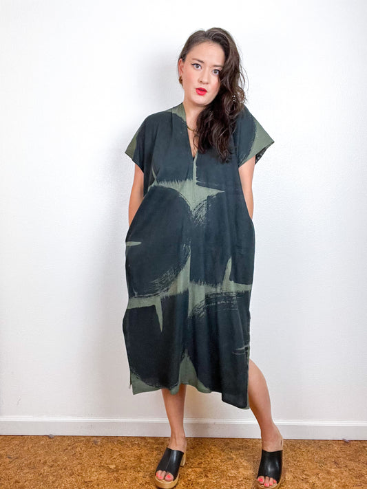 Hand-Dyed Midi Smock Dress Olive Black Brush