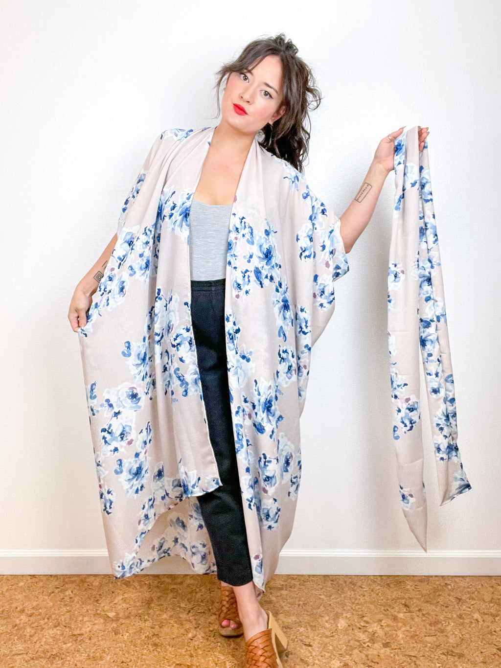 Print High Low Kimono Blush Blue Floral Crinkle Gauze