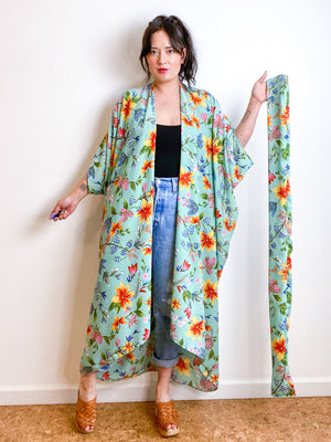 Print High Low Kimono Seafoam Floral Crepe