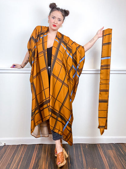 Print High Low Kimono Bronze Plaid Challis