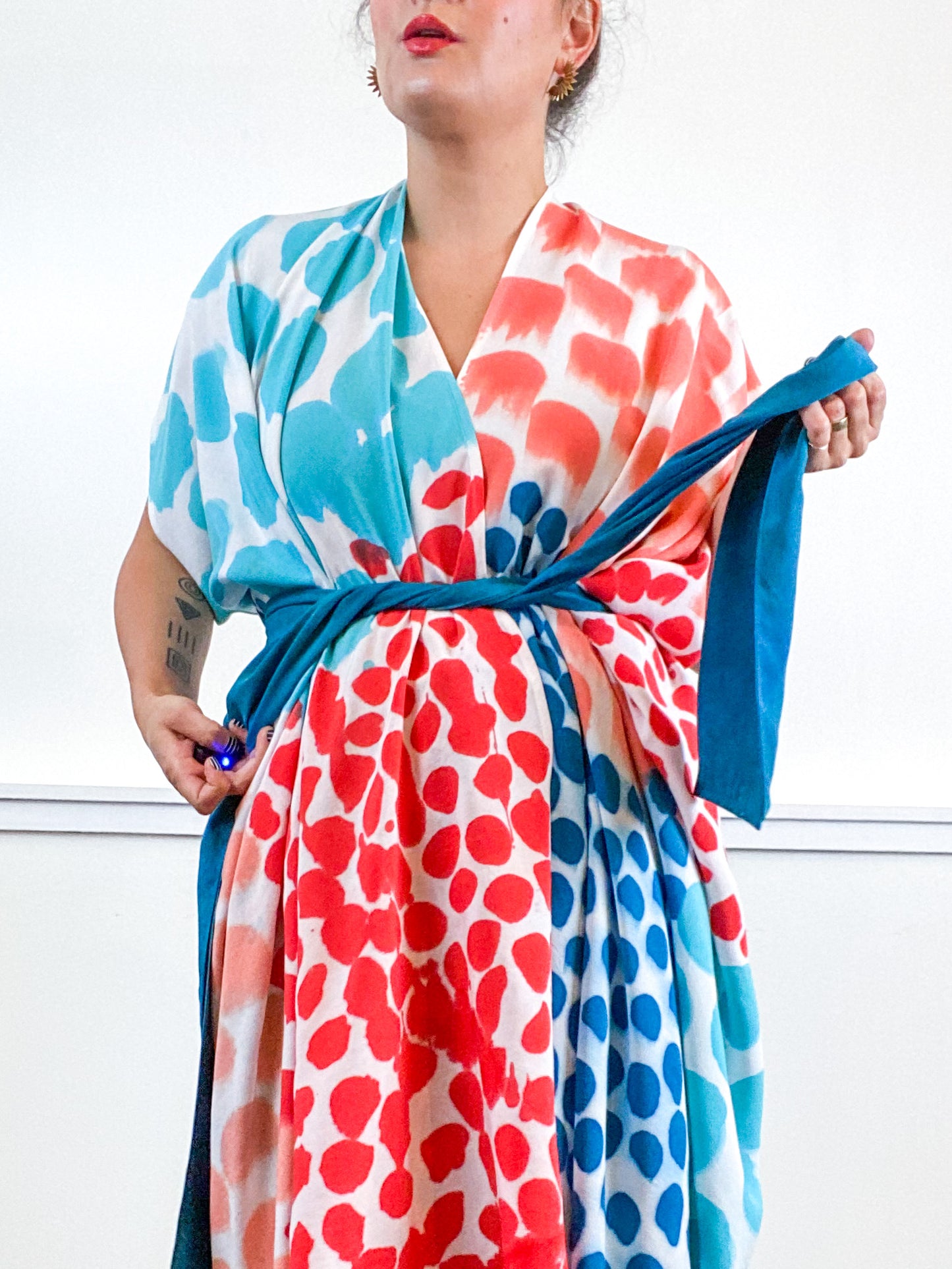 OOAK Hand-Dyed High Low Kimono Coral Parakeet Scarlet Kingfisher Dots