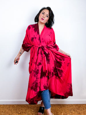 Hand-Dyed High Low Kimono Scarlet Maroon Tie