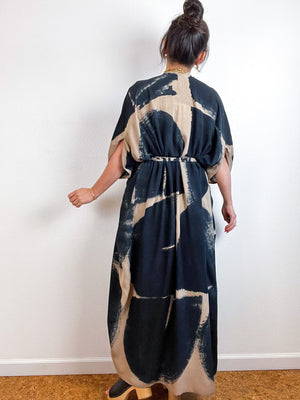 Hand-Dyed High Low Kimono Khaki Black Brushstroke