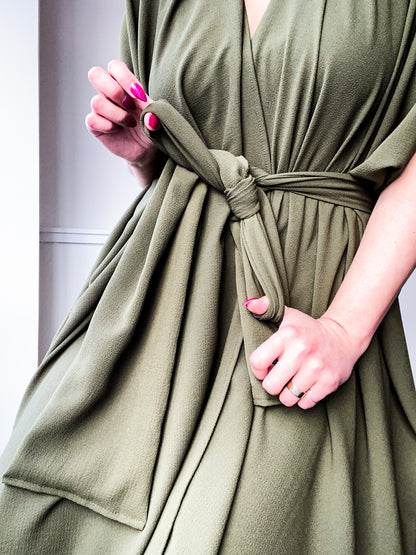 Solid High Low Kimono Olive Bubble Crepe