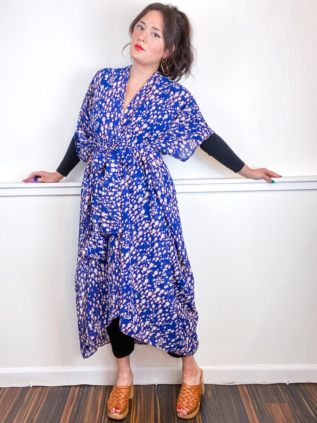 Print High Low Kimono Navy Fishies Chiffon