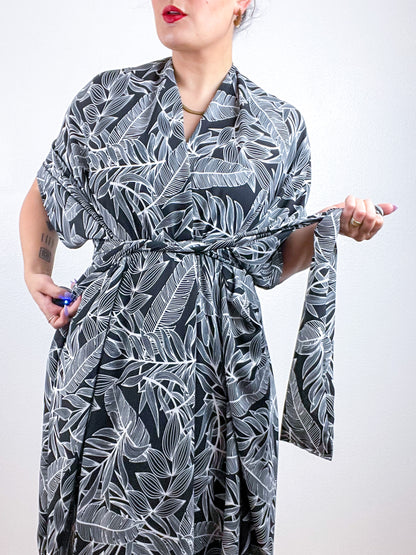 Print High Low Kimono Black Palms Crepe