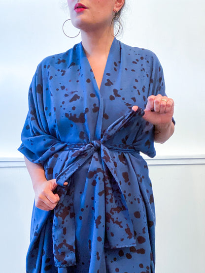 Hand-Dyed High Low Kimono Navy Black Pink Drops